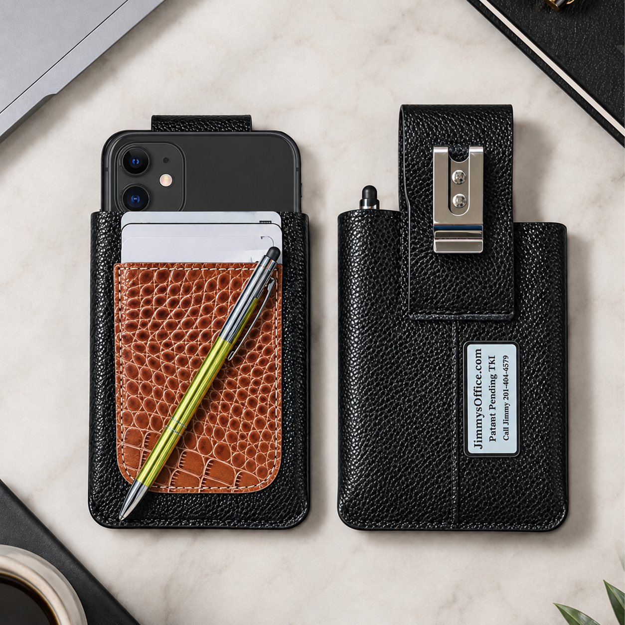 Front and back of the JimmysOffice Leather Phone Case / Pen / Card Holder