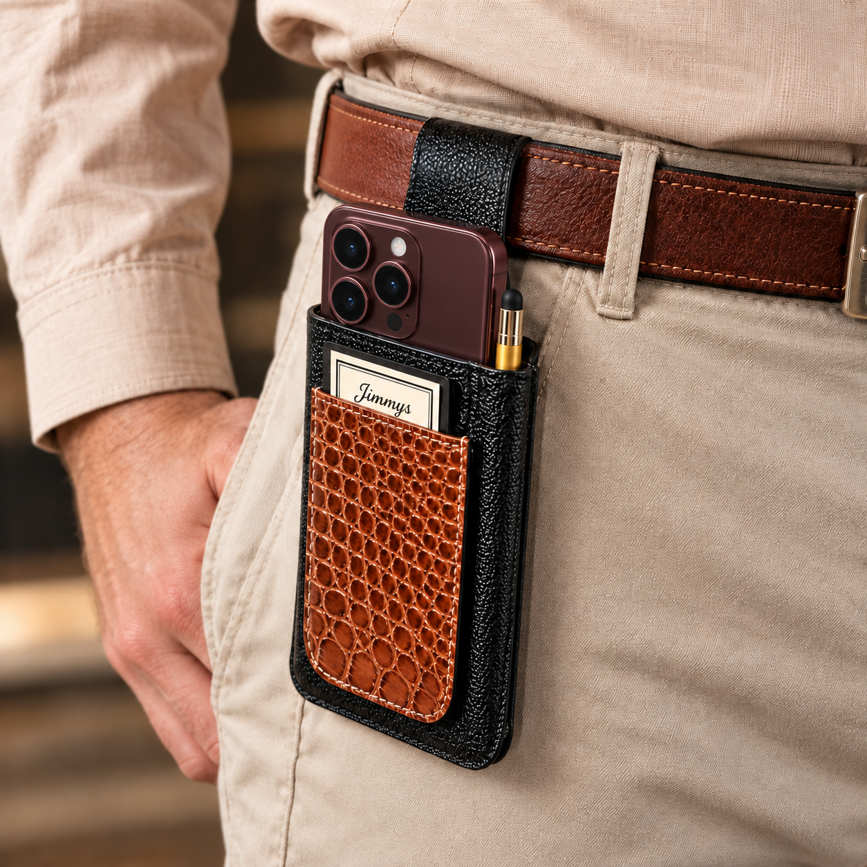 JimmysOffice holder shown with a belt