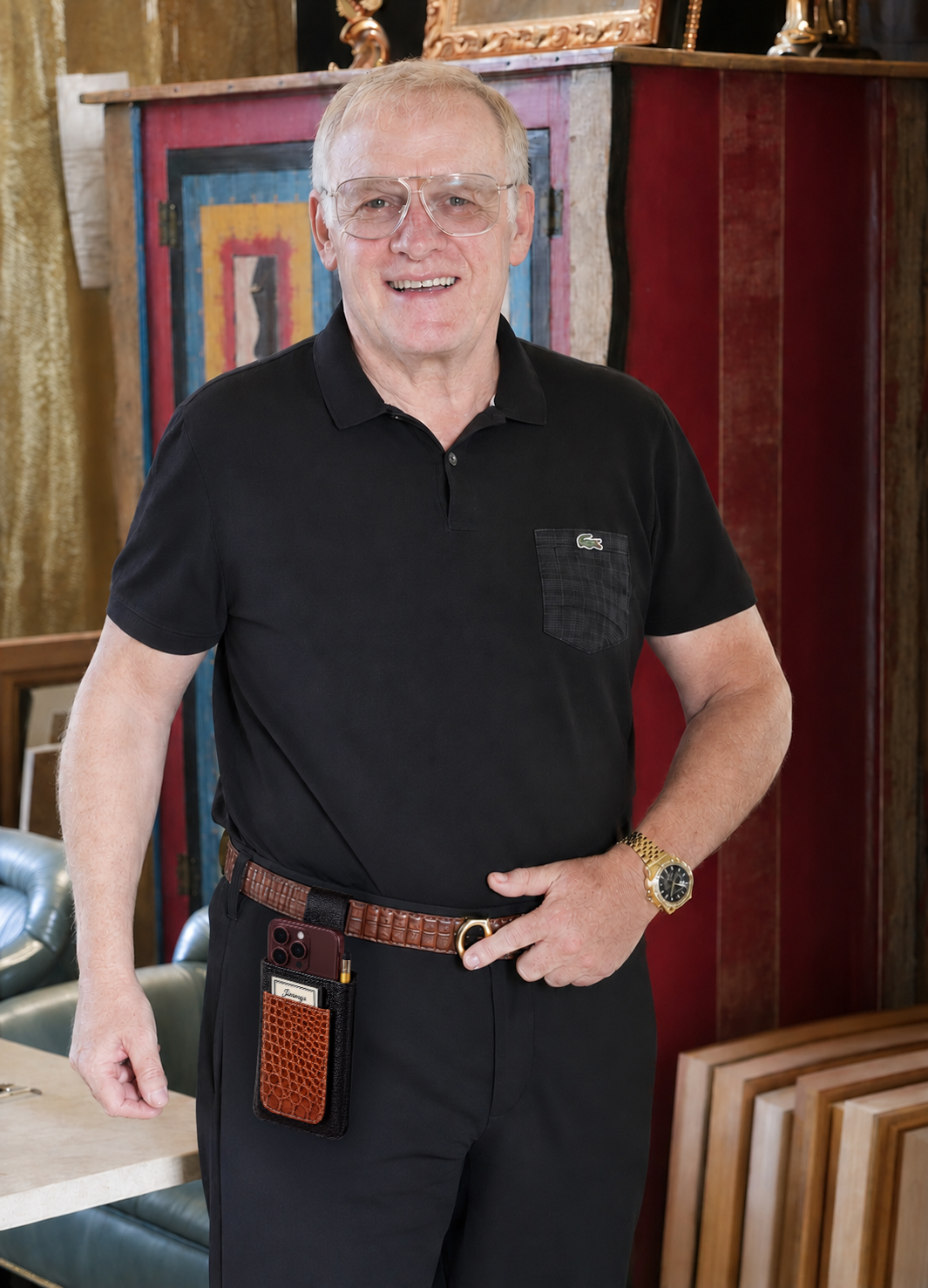 Jimmy wearing the Leather Phone Case / Pen / Card Holder